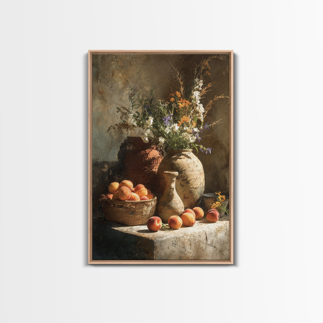 Basket of Fresh Peaches and Wildflowers Canvas Print, French Country Art, Floral Wall Art, Farmhouse Decor, Country, FCA-2x3-100