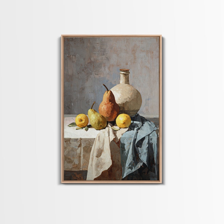 Pear Still Life on Linen Tablecloth Framed Canvas Print, French Country Art, Downloadable Art, Farmhouse Decor, Country, FCA-2x3-12
