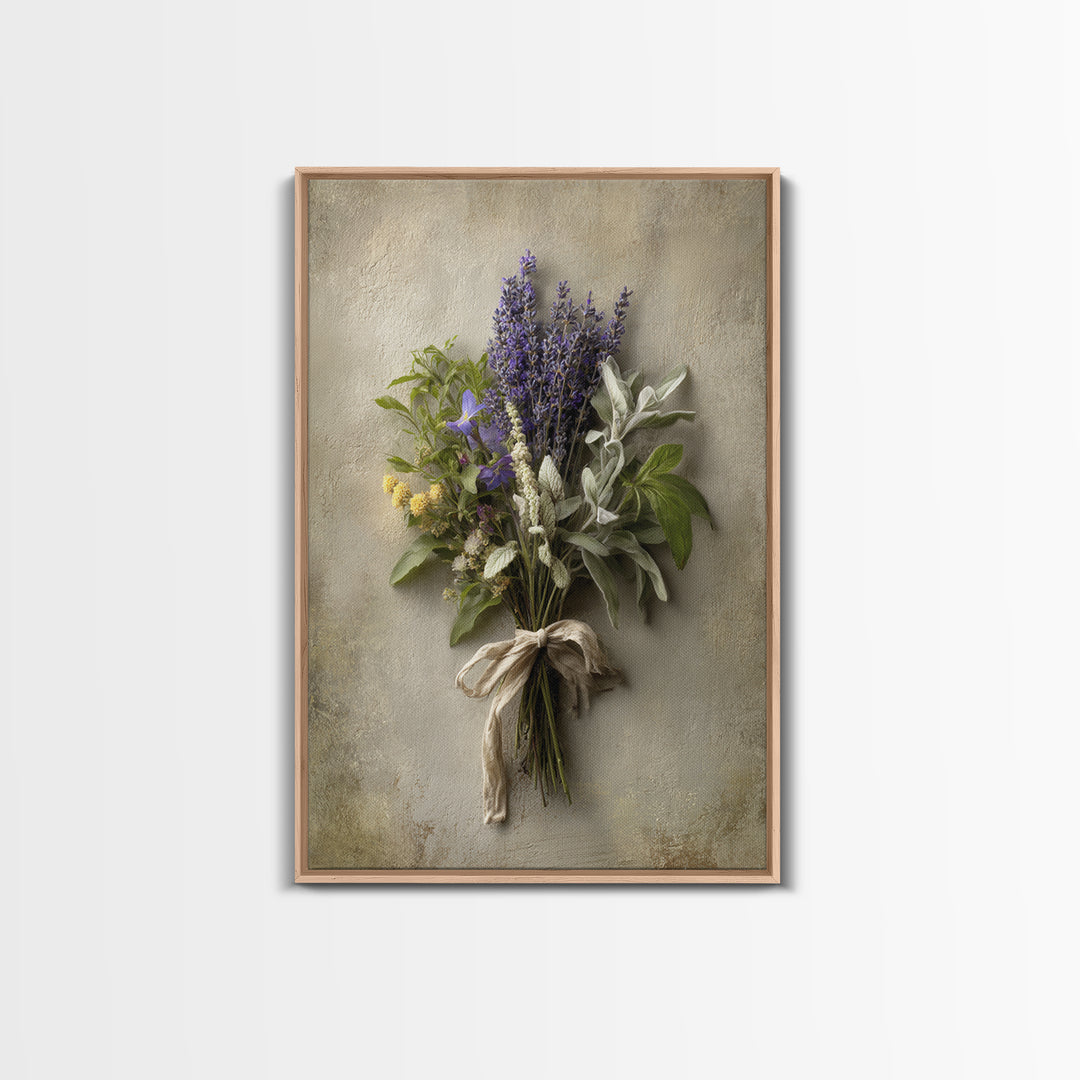 Farmhouse Kitchen Herbs Tied Framed Canvas Print, French Country Art, Above Bed Art, Farmhouse Decor, Oil Painting, Country, FCA-2x3-21