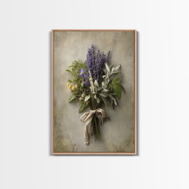 Farmhouse Kitchen Herbs Tied Framed Canvas Print, French Country Art, Above Bed Art, Farmhouse Decor, Oil Painting, Country, FCA-2x3-21
