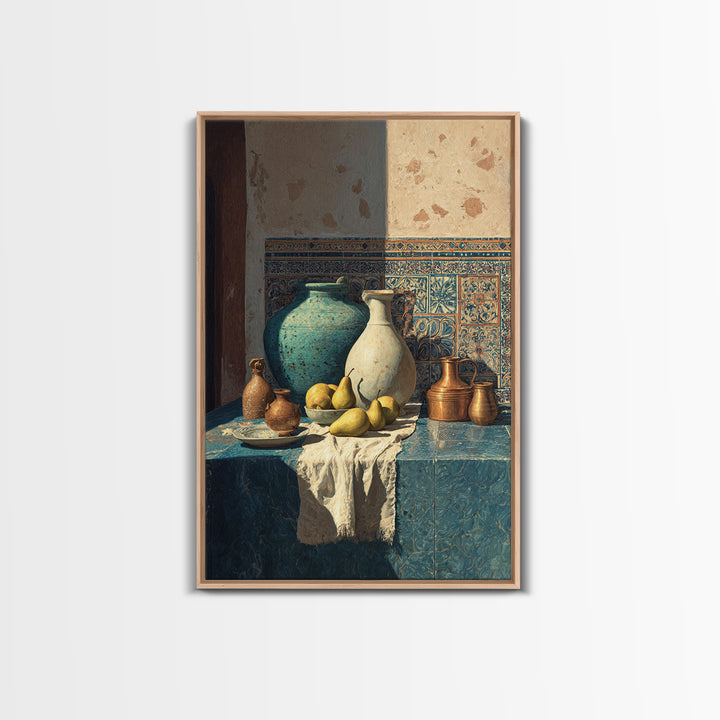 Pear Still Life on Linen Tablecloth Framed Canvas Print, French Country Art, Farmhouse Decor, Abstract Art, Country, FCA-2x3-36