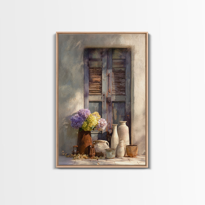 Soft Hydrangeas Beside Antique Shutters Canvas Print, French Country Art, Botanical Prints, Farmhouse Decor, Fine Art, Country, FCA-2x3-40