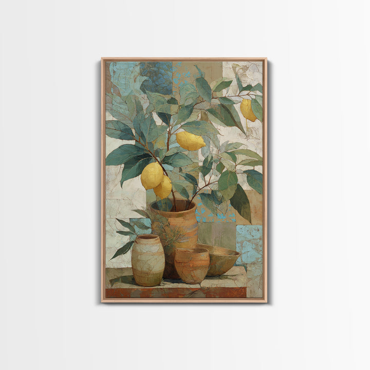 Aged Botanical Plate of Lemons and Leaves Framed Canvas Print, French Country Art, Farmhouse Decor, Watercolor Art, Country, FCA-2x3-44
