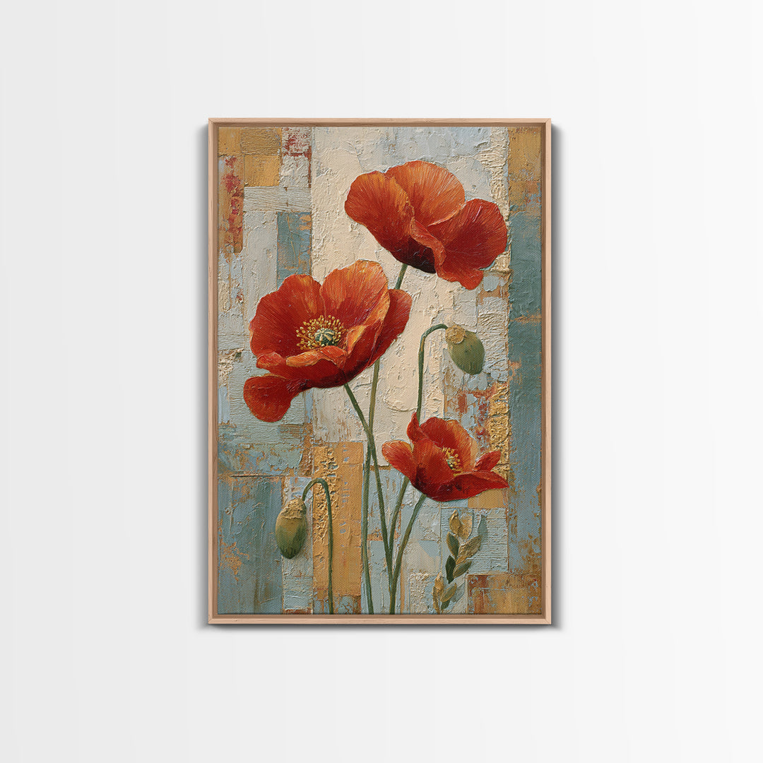 Poppies Beside a Stone Garden Wall Framed Canvas Print, French Country Art, French Country Decor, Farmhouse Decor, Country, FCA-2x3-47