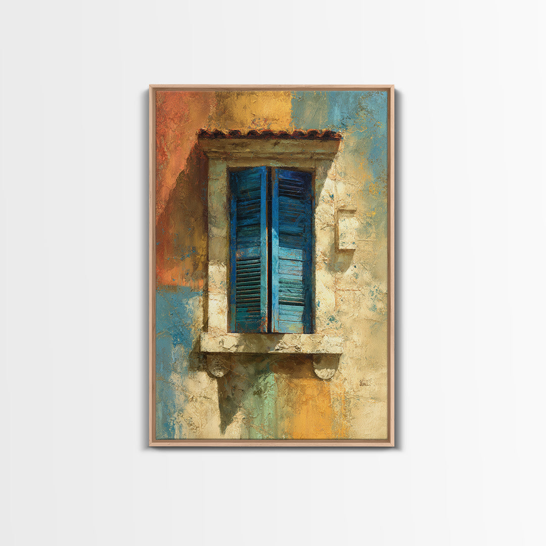 Weathered Window with Blue Shutters Framed Canvas Print, French Country Art, Boho Decor, Farmhouse Decor, Oil Painting, Country, FCA-2x3-53