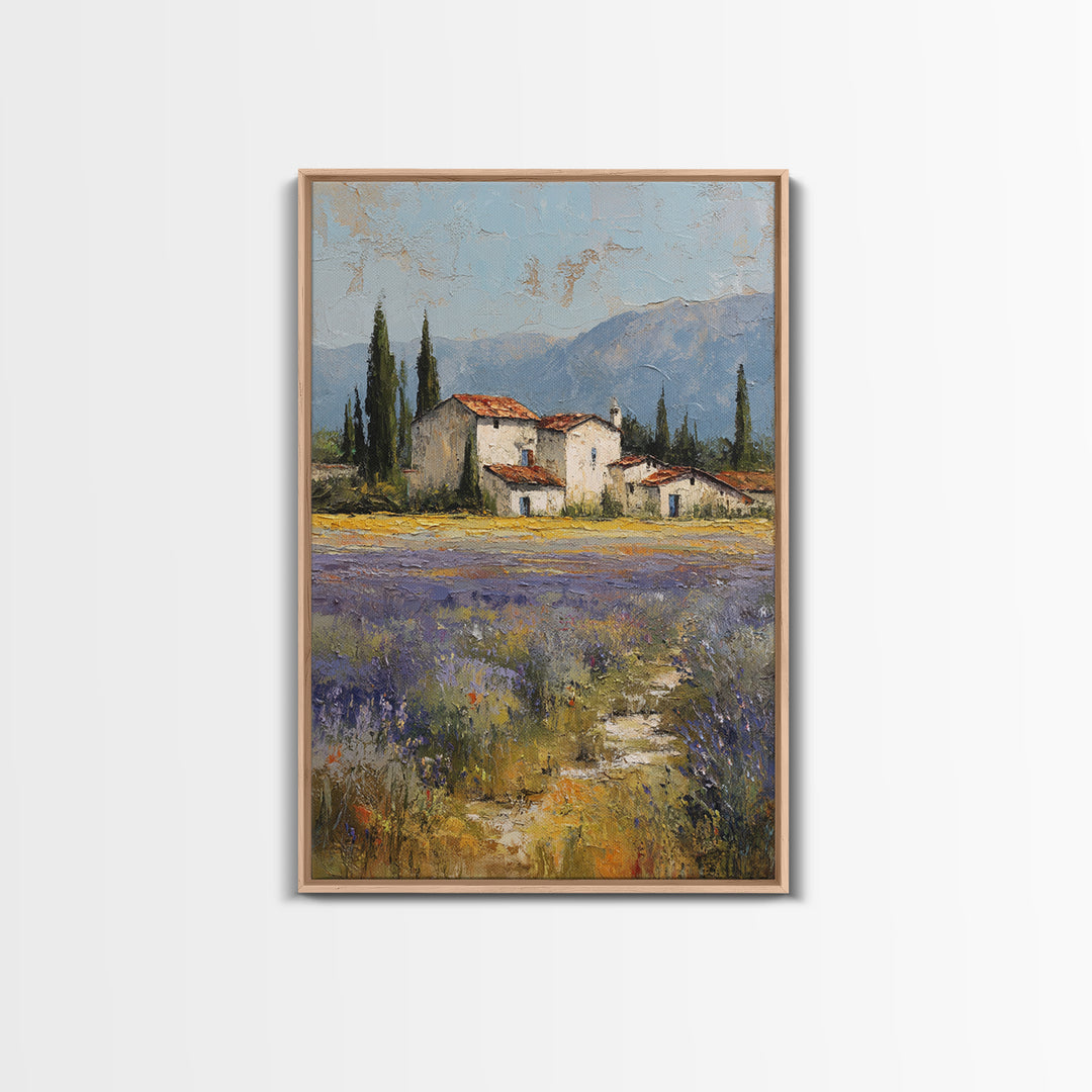 Lavender Field with Distant Stone Farmhouse Canvas Print, French Country Art, Minimalist Decor, Farmhouse Decor, Oil Painting, FCA-2x3-57