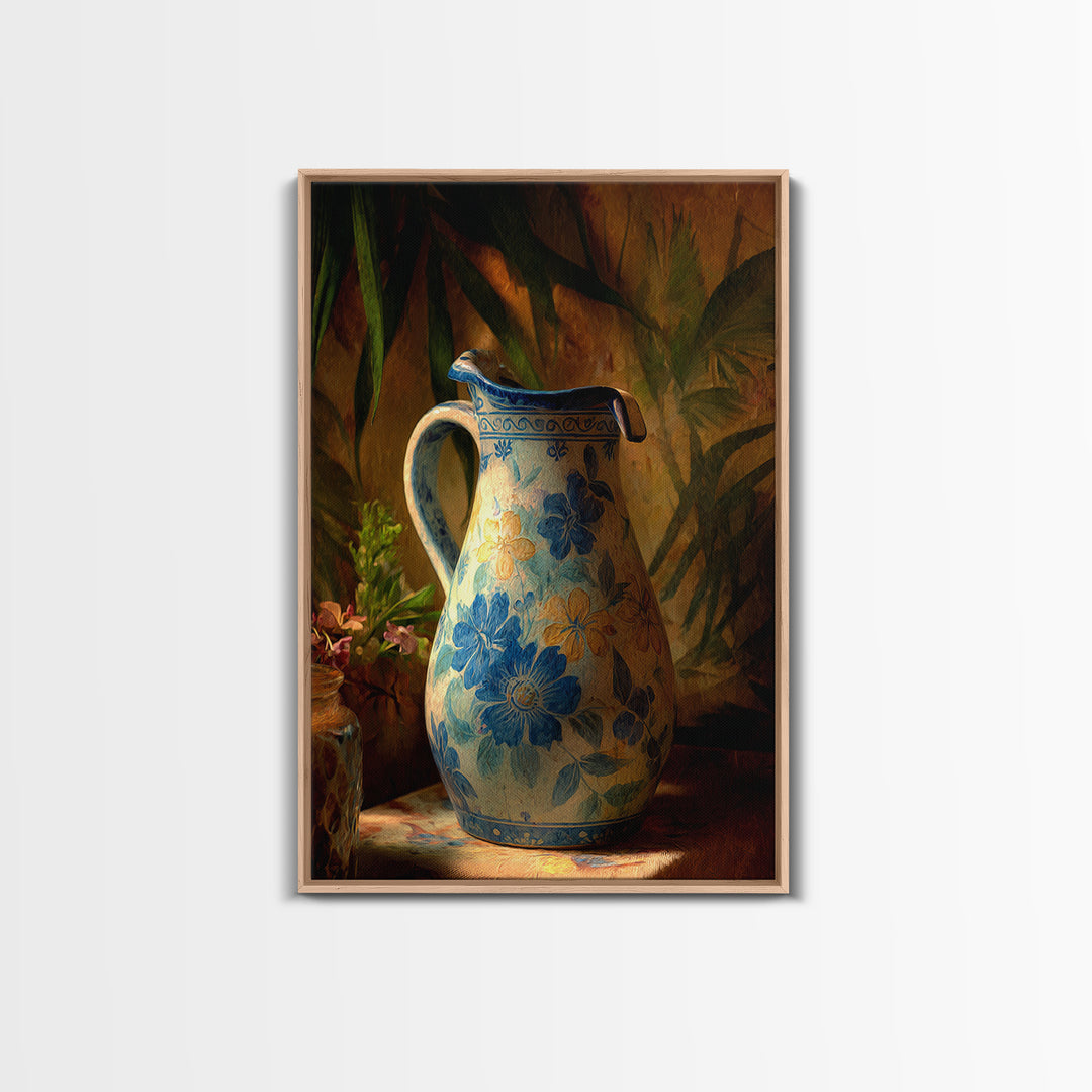 Blue and White Ceramic Pitcher Framed Canvas Print, French Country Art, Landscape Wall Art, Farmhouse Decor, Watercolor Art, FCA-2x3-59