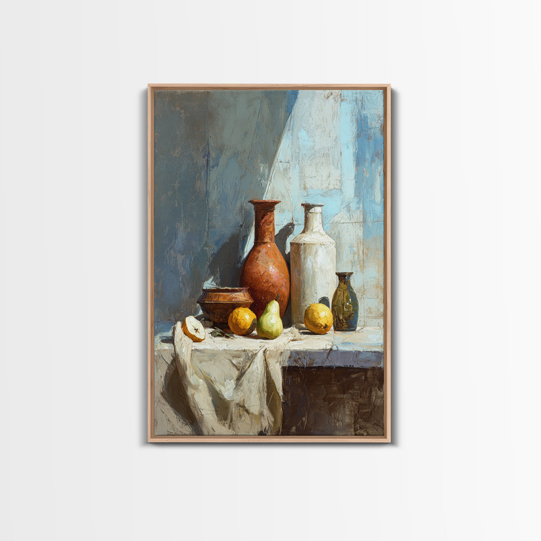 Pear Still Life on Linen Tablecloth Framed Canvas Print, French Country Art, Downloadable Art, Farmhouse Decor, Abstract Art, FCA-2x3-60