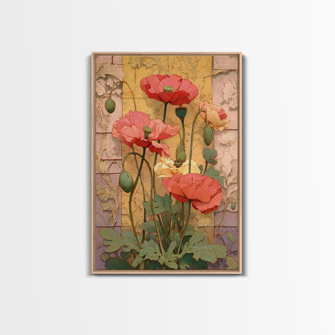 Poppies Beside a Stone Garden Wall Canvas Print, French Country Art, Digital Download Art, Farmhouse Decor, Oil Painting, FCA-2x3-71