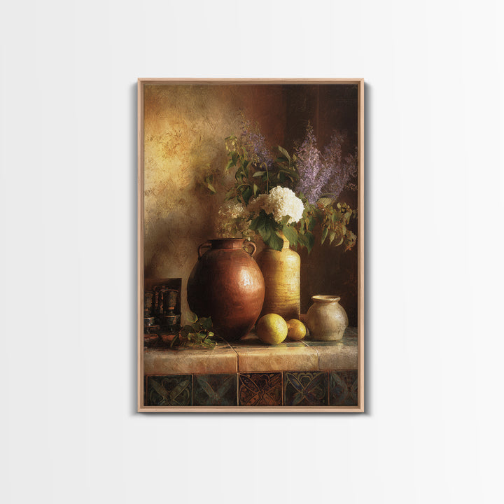 Antique Copper Pot and Flowers Still Life Framed Canvas Print, French Country Art, Digital Art, Farmhouse Decor, Watercolor Art, FCA-2x3-8