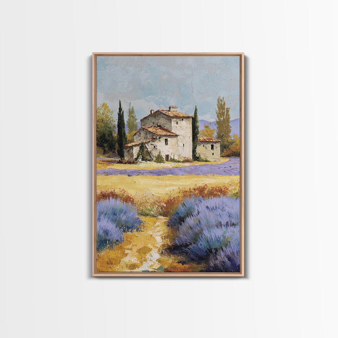 Lavender Field with Distant Stone Farmhouse Canvas Print, French Country Art, Minimalist Decor, Farmhouse Decor, Oil Painting, FCA-2x3-81