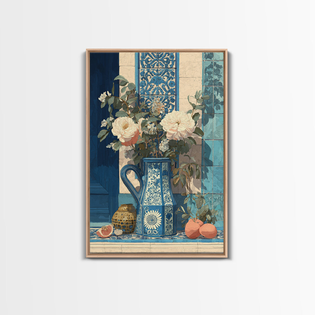 Blue and White Ceramic Pitcher Framed Canvas Print, French Country Art, Boho Decor, Farmhouse Decor, Fine Art, Country, FCA-2x3-83
