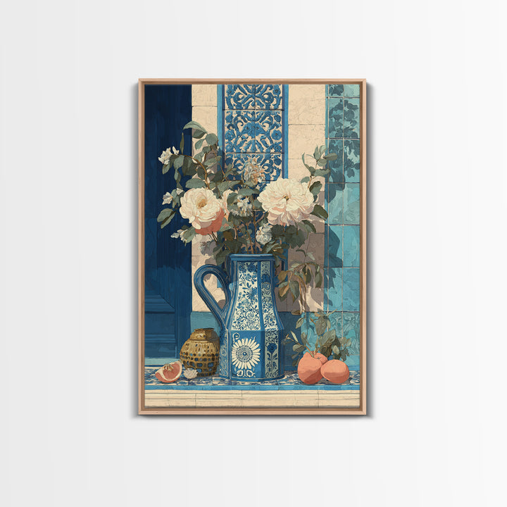 Blue and White Ceramic Pitcher Framed Canvas Print, French Country Art, Boho Decor, Farmhouse Decor, Fine Art, Country, FCA-2x3-83