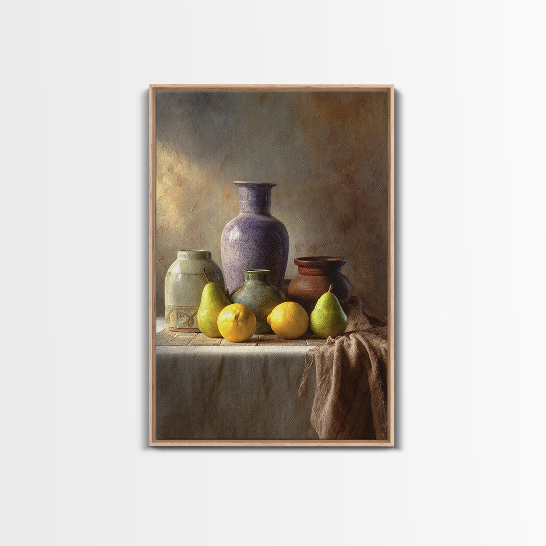 Pear Still Life on Linen Tablecloth Framed Canvas Print, French Country Art, Farmhouse Decor, Abstract Art, Country, FCA-2x3-84