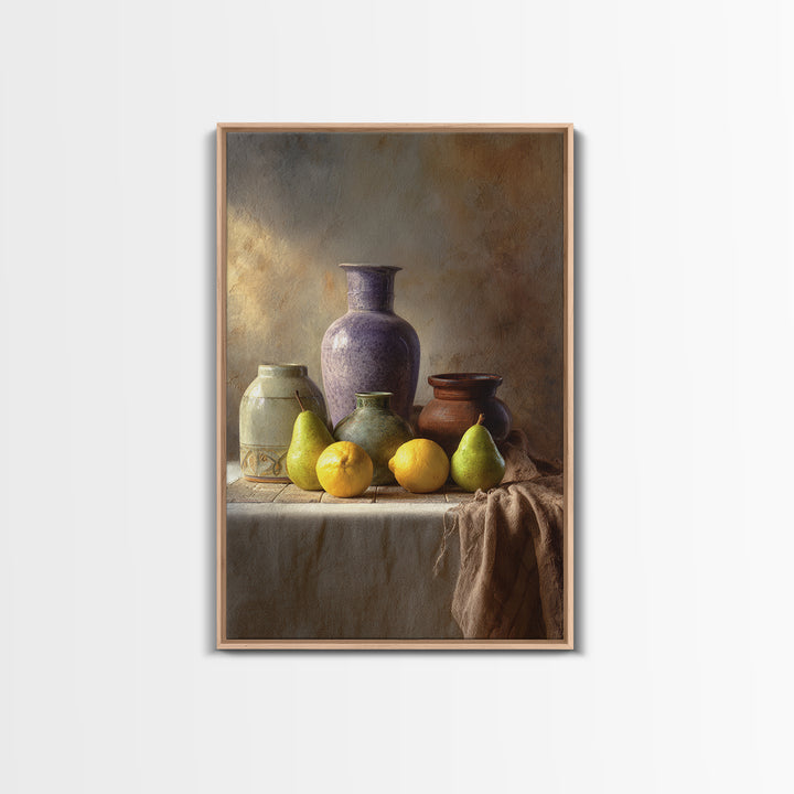 Pear Still Life on Linen Tablecloth Framed Canvas Print, French Country Art, Farmhouse Decor, Abstract Art, Country, FCA-2x3-84