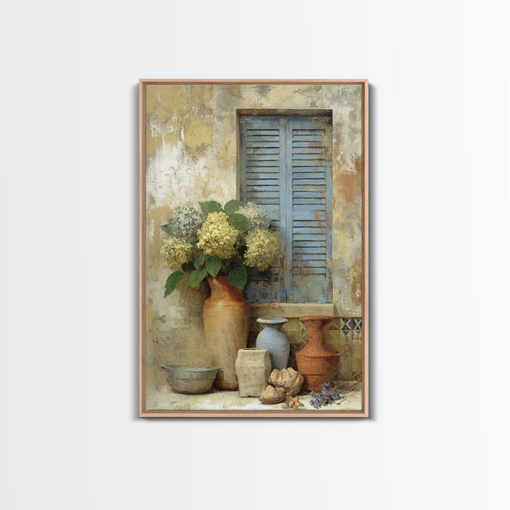 Soft Hydrangeas Beside Antique Shutters Framed Canvas Print, French Country Art, Neutral Decor, Farmhouse Decor, Country, FCA-2x3-88