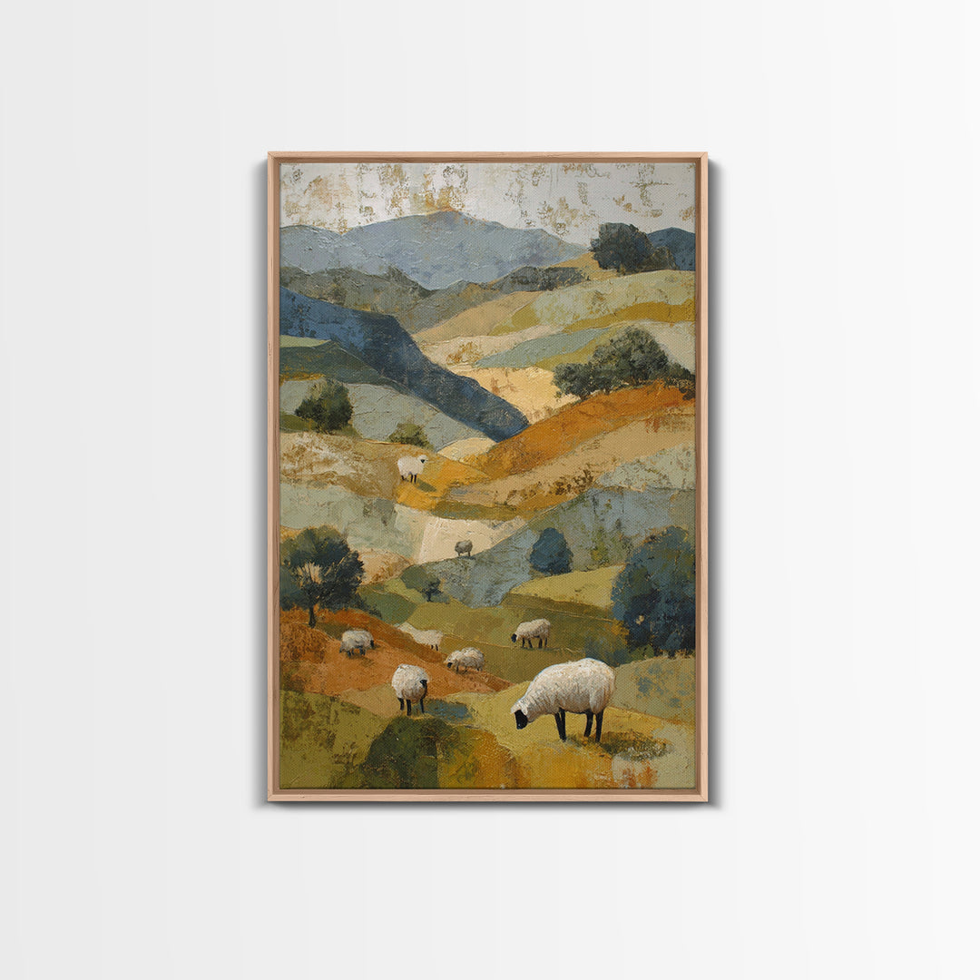 Pastoral Sheep in Rolling Countryside Framed Canvas Print, French Country Art, Textured Painting, Farmhouse Decor, Country, FCA-2x3-94