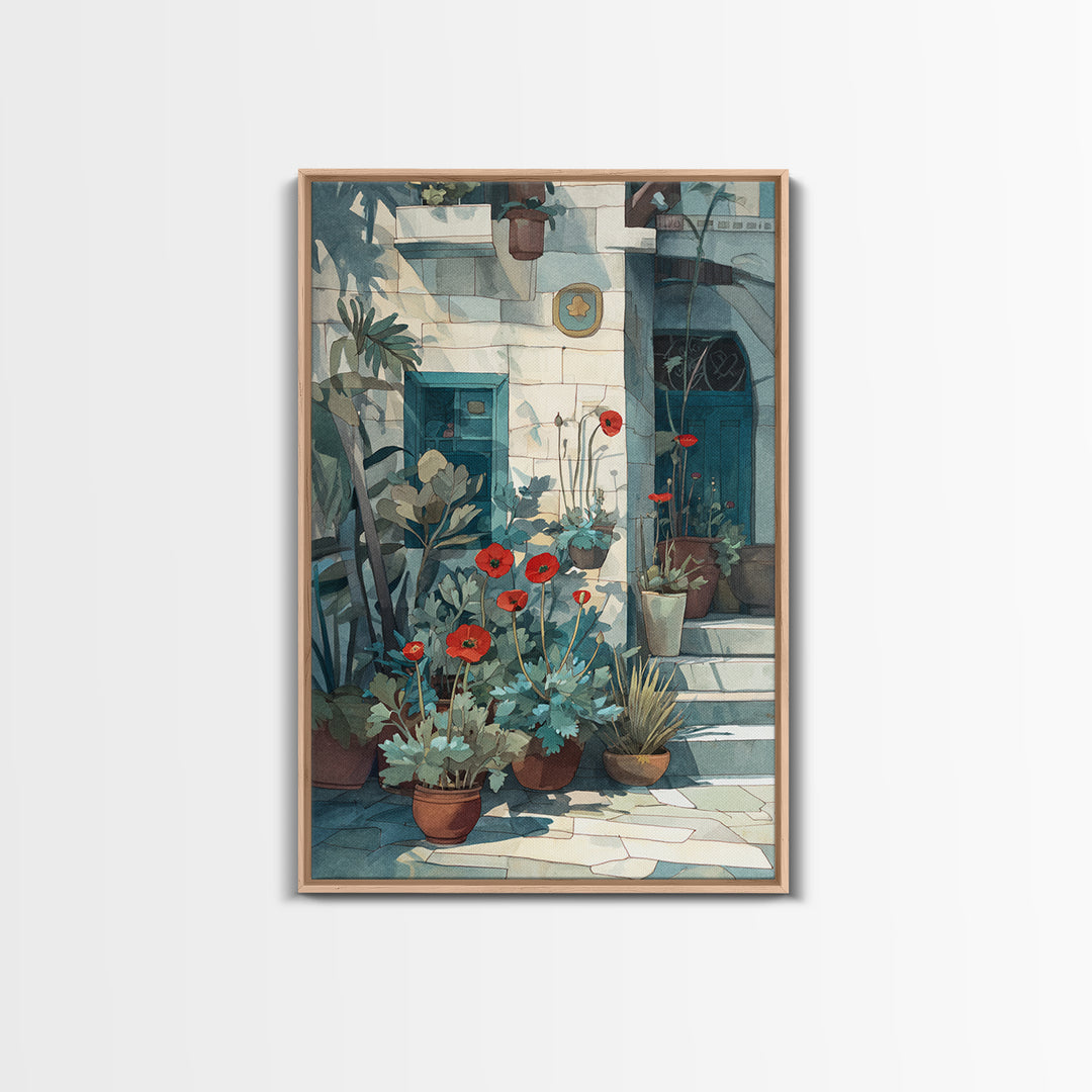 Poppies Beside a Stone Garden Wall Canvas Print, French Country Art, Art Print, Farmhouse Decor, Watercolor Art, Country, FCA-2x3-95