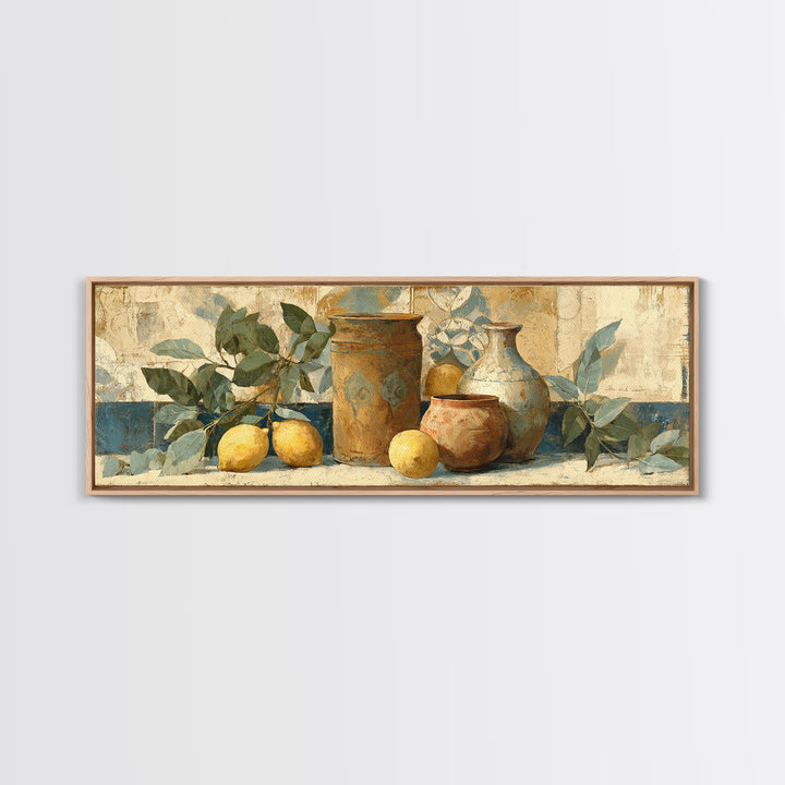 Aged Botanical Plate of Lemons and Leaves Canvas Print, French Country Art, Coastal Wall Art, Farmhouse Decor, Country, FCA-3x1-100