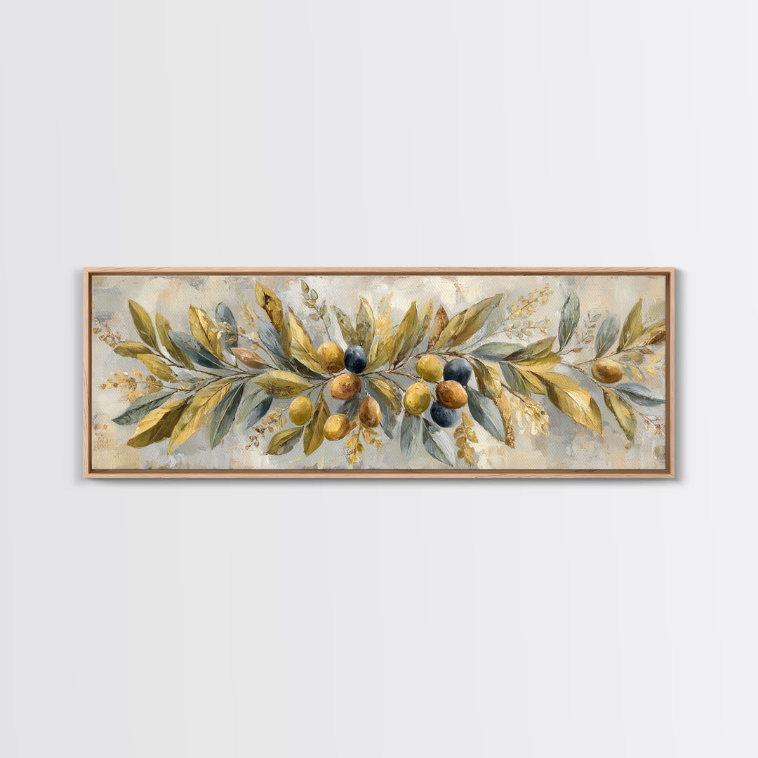 Olive Branch Wreath on Cream Ground Canvas Print, French Country Art, Landscape Painting, Farmhouse Decor, Watercolor Art, FCA-3x1-14