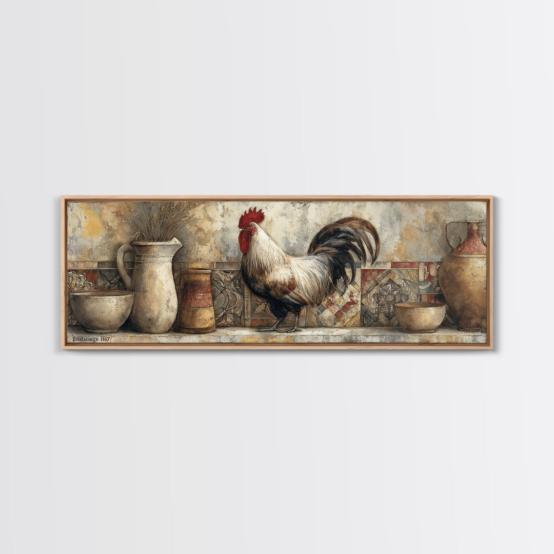 Rooster Portrait in Rustic French Palette Framed Canvas Print, French Country Art, Contemporary Art, Farmhouse Decor, Country, FCA-3x1-18