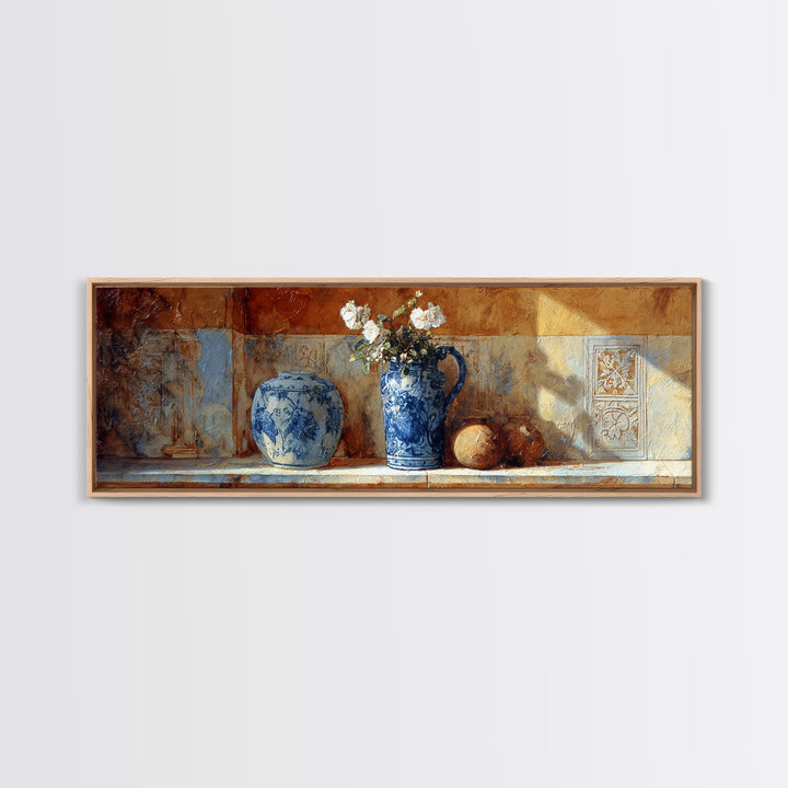 Blue and White Ceramic Pitcher Canvas Print, French Country Art, Digital Download Art, Farmhouse Decor, Watercolor Art, Country, FCA-3x1-19