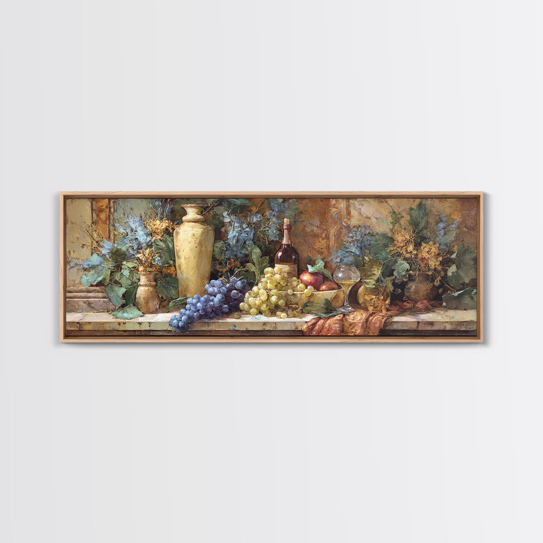 Grapes and Wine Still Life Canvas Print, French Country Art, Oil Painting, Farmhouse Decor, Abstract Art, Country, FCA-3x1-25