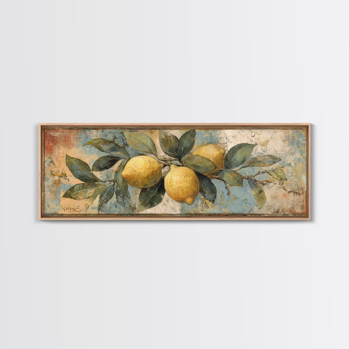 Aged Botanical Plate of Lemons and Leaves Canvas Print, French Country Art, Landscape Wall Art, Farmhouse Decor, Country, FCA-3x1-28