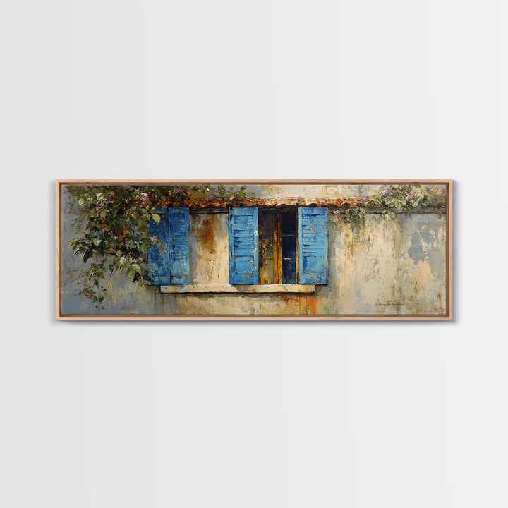 Weathered Window with Blue Shutters Framed Canvas Print, French Country Art, Digital Art, Farmhouse Decor, Watercolor Art, FCA-3x1-37