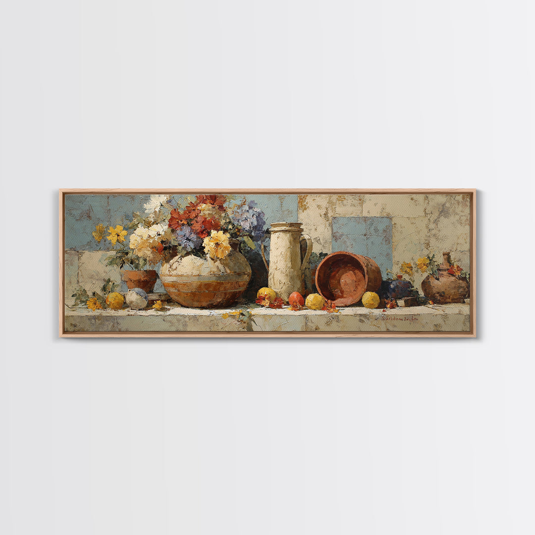 Antique Copper Pot and Flowers Still Life Canvas Print, French Country Art, Digital Download Art, Farmhouse Decor, Oil Painting, FCA-3x1-40