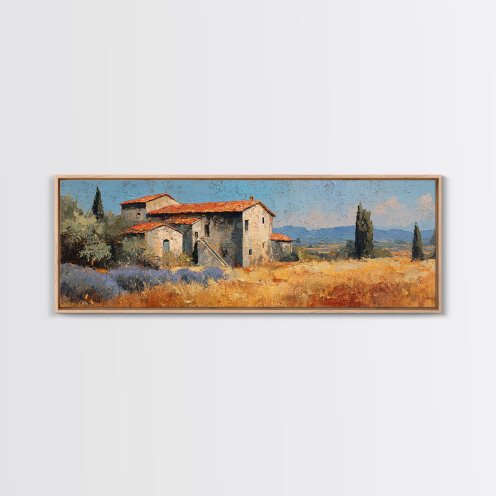 Lavender Field with Distant Stone Farmhouse Canvas Print, French Country Art, Printable Art, Farmhouse Decor, Watercolor Art, FCA-3x1-41