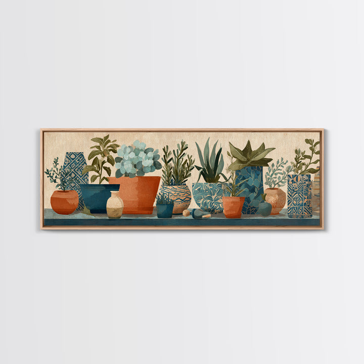 Terra Cotta Pots Framed Canvas Print, French Country Art, Textured Painting, Farmhouse Decor, Country, Home Decor Gift, FCA-3x1-51