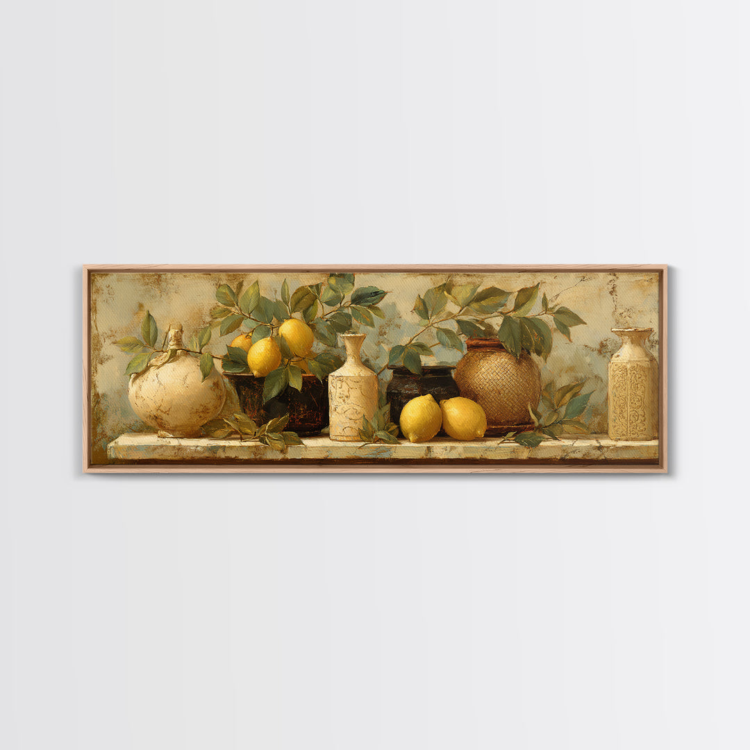 Aged Botanical Plate of Lemons and Leaves Framed Canvas Print, French Country Art, Boho Decor, Farmhouse Decor, Country, FCA-3x1-52