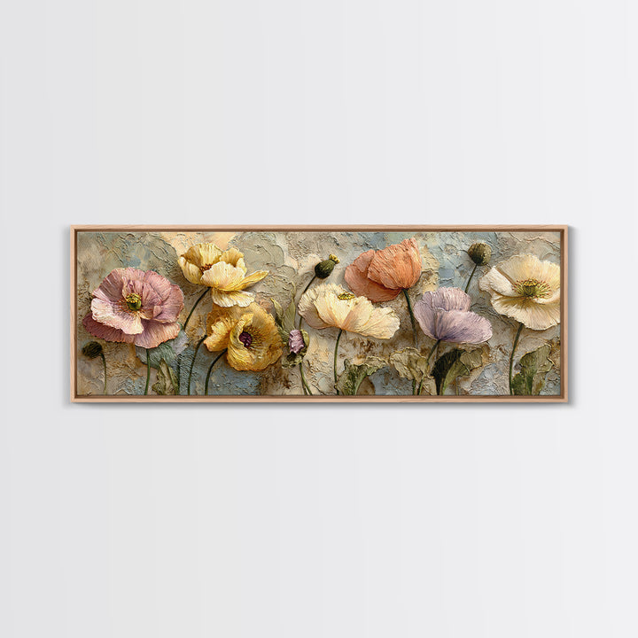 Poppies Beside a Stone Garden Wall Framed Canvas Print, French Country Art, Boho Decor, Farmhouse Decor, Oil Painting, Country, FCA-3x1-55