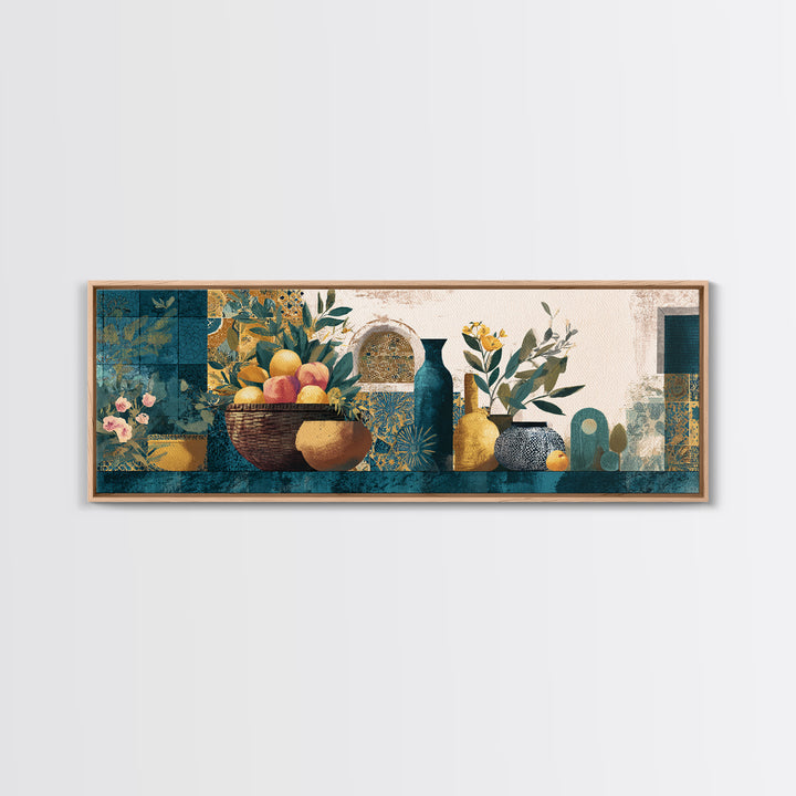 Basket of Fresh Peaches and Wildflowers Framed Canvas Print, French Country Art, Neutral Decor, Farmhouse Decor, Oil Painting, FCA-3x1-60