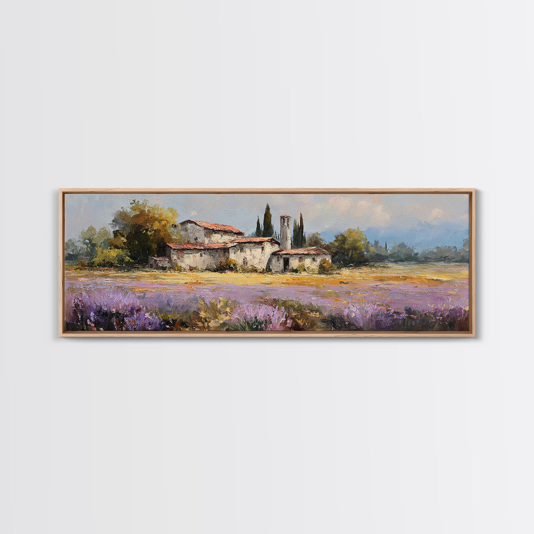 Lavender Field with Distant Stone Farmhouse Canvas Print, French Country Art, Printable Art, Farmhouse Decor, Watercolor Art, FCA-3x1-65
