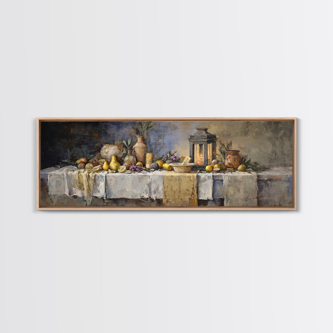 Pear Still Life on Linen Tablecloth Framed Canvas Print, French Country Art, Room Decor, Farmhouse Decor, Abstract Art, Country, FCA-3x1-68