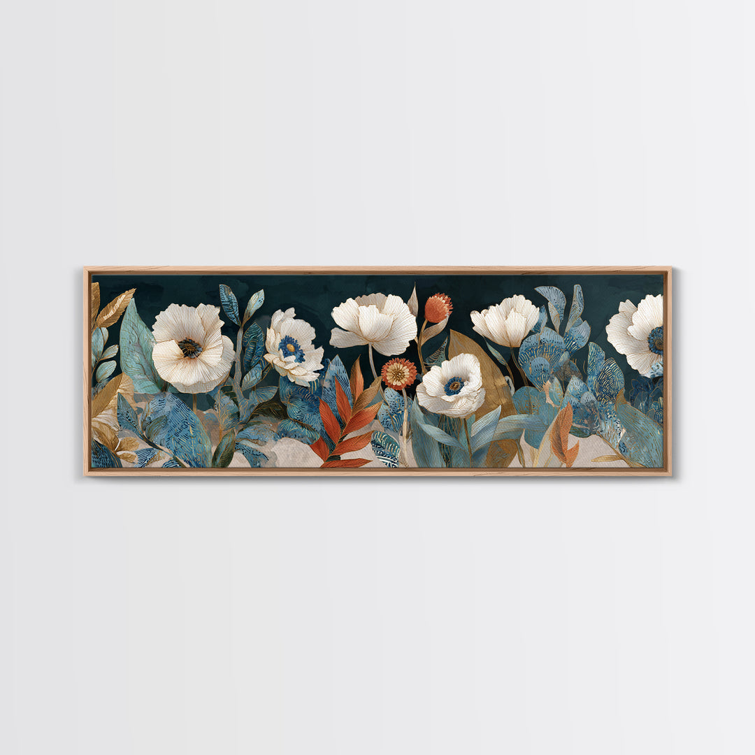 Poppies Beside a Stone Garden Wall Framed Canvas Print, French Country Art, Landscape Wall Art, Farmhouse Decor, Country, FCA-3x1-7
