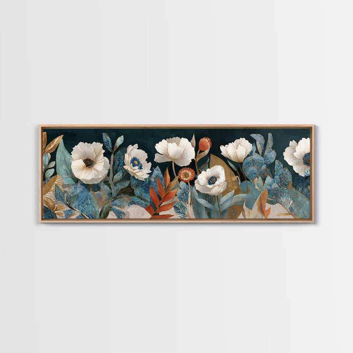 Poppies Beside a Stone Garden Wall Framed Canvas Print, French Country Art, Landscape Wall Art, Farmhouse Decor, Country, FCA-3x1-7