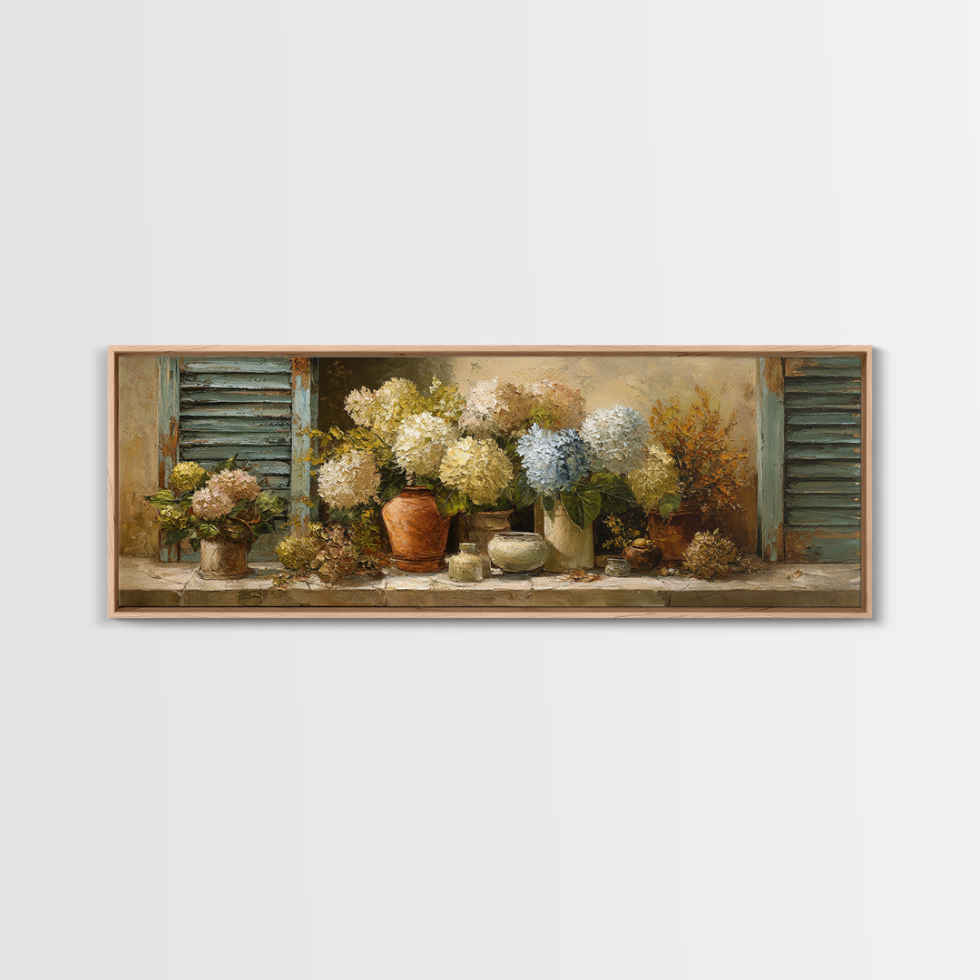 Soft Hydrangeas Beside Antique Shutters Framed Canvas Print, French Country Art, Textured Painting, Farmhouse Decor, Country, FCA-3x1-72