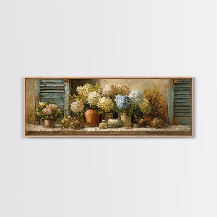 Soft Hydrangeas Beside Antique Shutters Framed Canvas Print, French Country Art, Textured Painting, Farmhouse Decor, Country, FCA-3x1-72