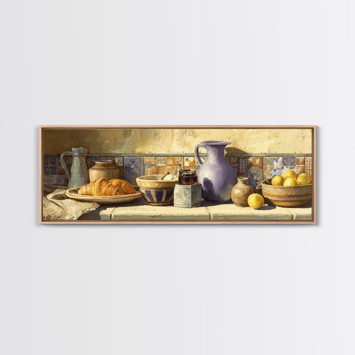 Caf Au Lait Bowl Framed Canvas Print, French Country Art, Digital Wall Art, Farmhouse Decor, Oil Painting, Country, FCA-3x1-74
