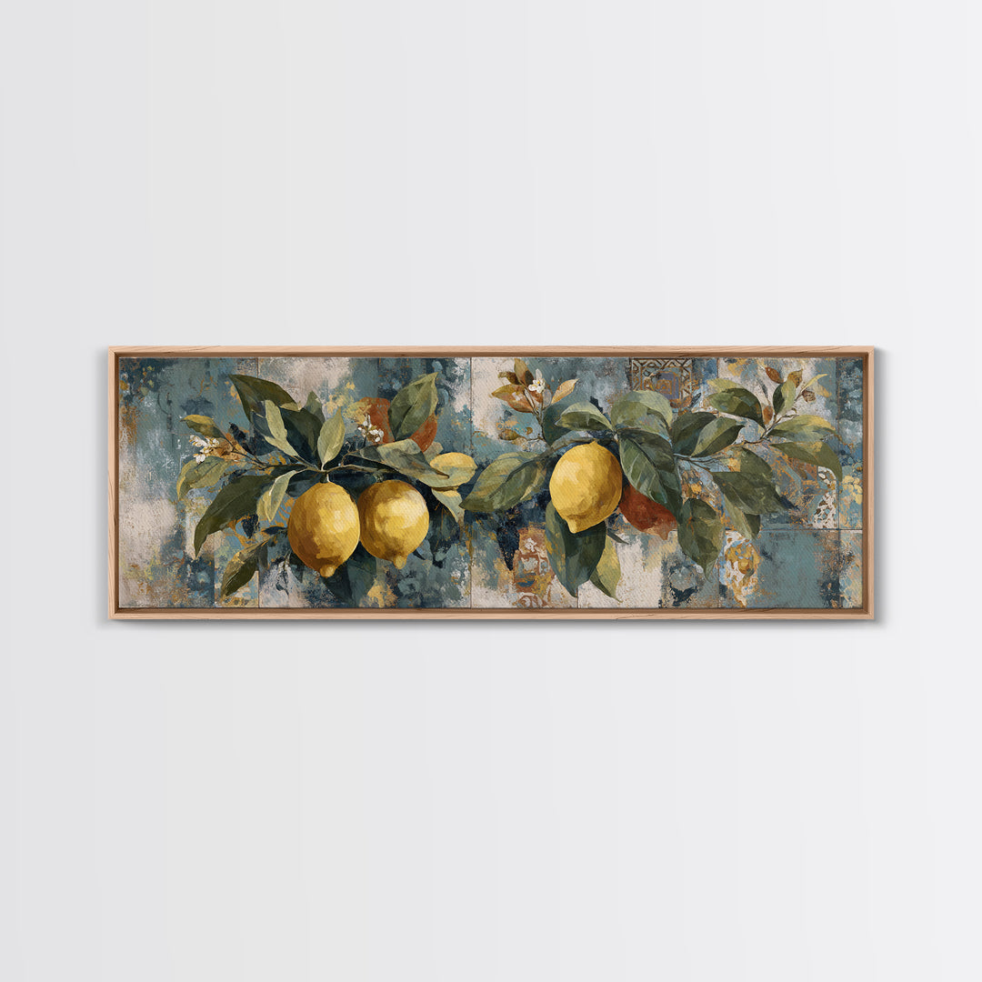 Aged Botanical Plate of Lemons and Leaves Canvas Print, French Country Art, Farmhouse Decor, Oil Painting, Country, FCA-3x1-76