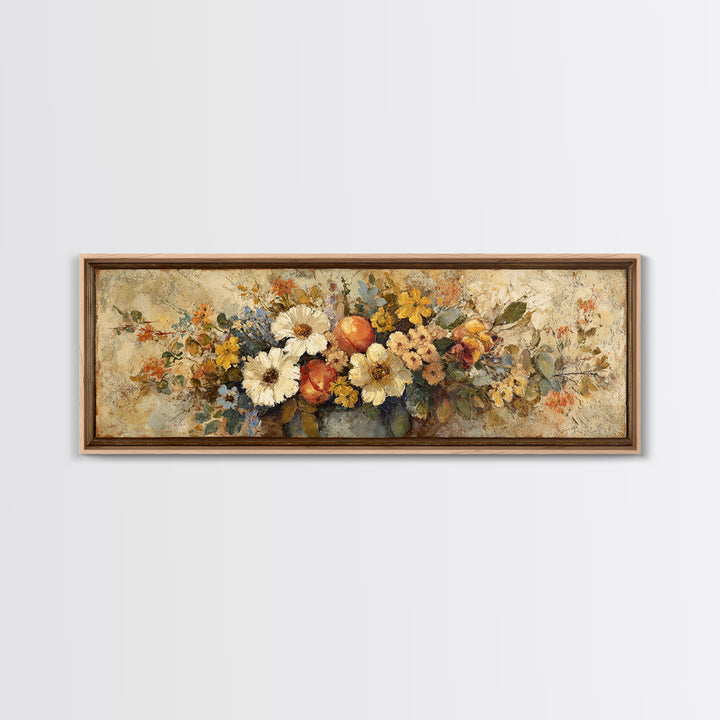 Basket of Fresh Peaches and Wildflowers Canvas Print, French Country Art, Contemporary Art, Farmhouse Decor, Country, FCA-3x1-84