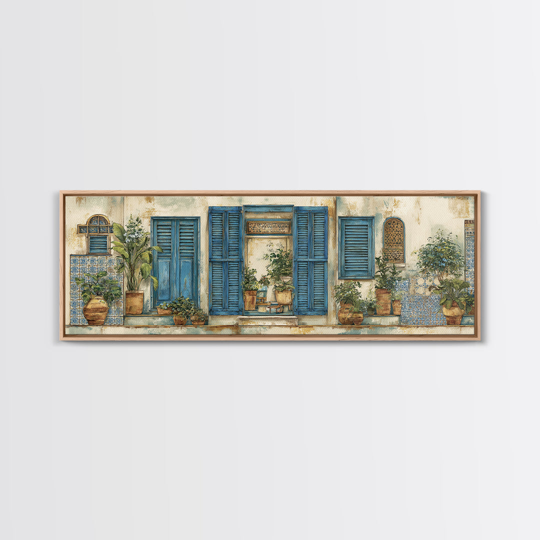 Weathered Window with Blue Shutters Canvas Print, French Country Art, Home Decor Gift, Farmhouse Decor, Oil Painting, Country, FCA-3x1-85