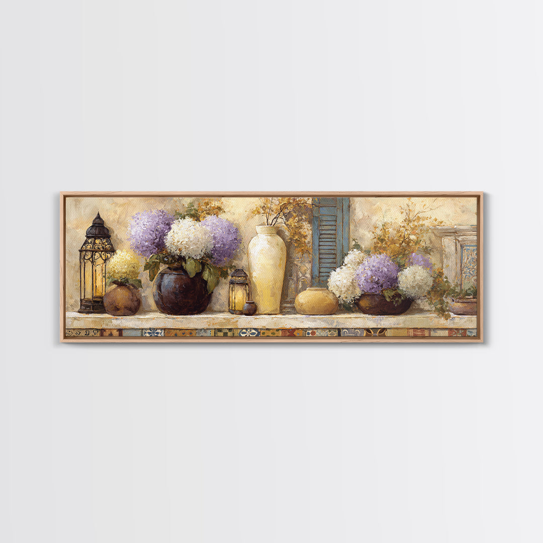 Soft Hydrangeas Beside Antique Shutters Canvas Print, French Country Art, Botanical Prints, Farmhouse Decor, Fine Art, Country, FCA-3x1-96