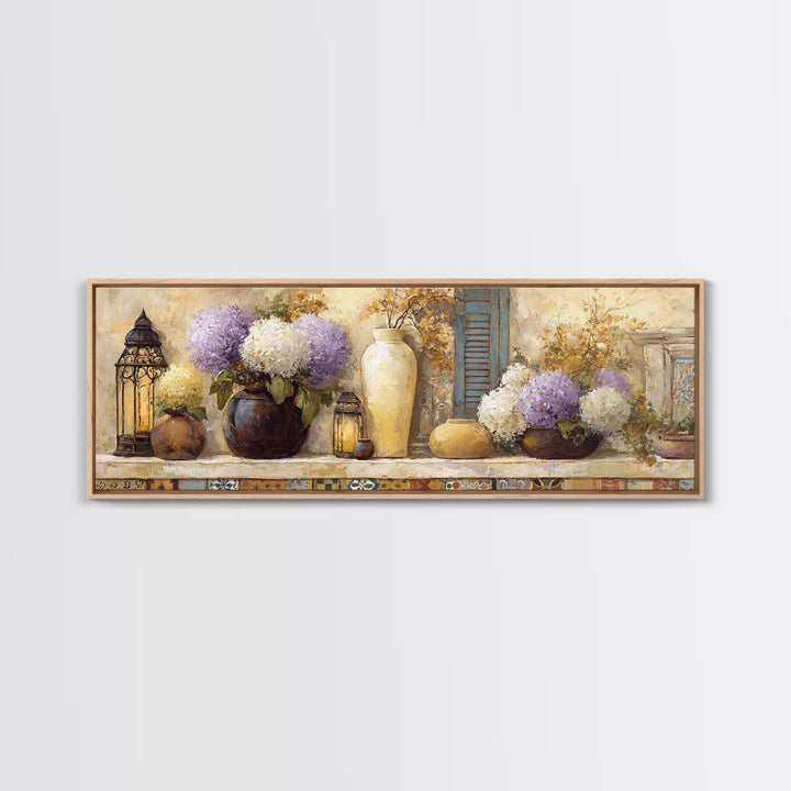 Soft Hydrangeas Beside Antique Shutters Canvas Print, French Country Art, Botanical Prints, Farmhouse Decor, Fine Art, Country, FCA-3x1-96