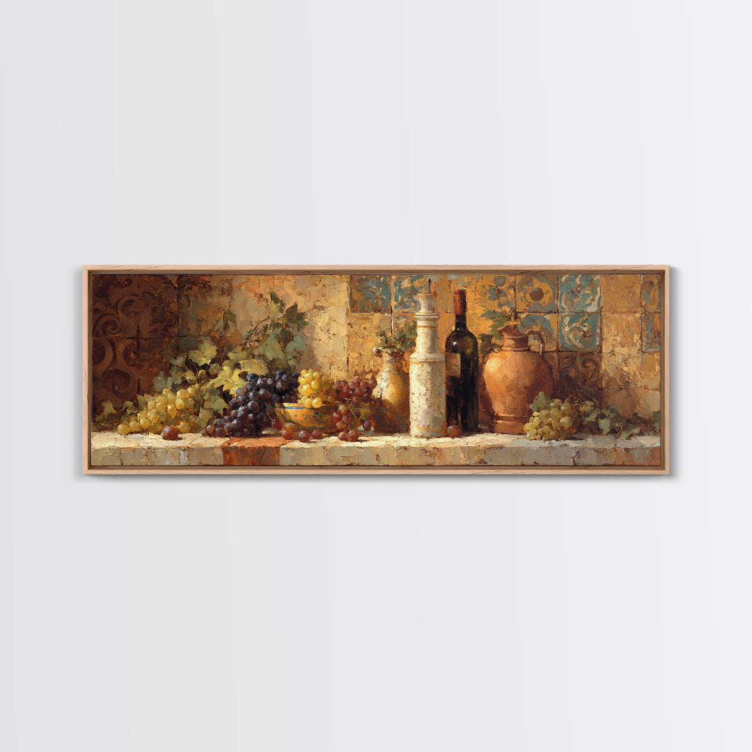 Grapes and Wine Still Life Canvas Print, French Country Art, Coastal Wall Art, Farmhouse Decor, Watercolor Art, Country, FCA-3x1-97