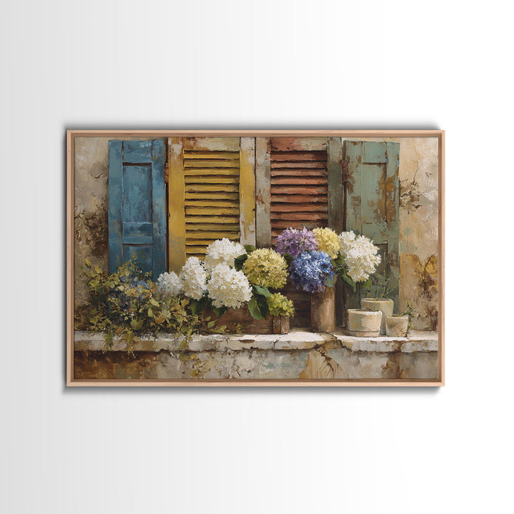 Soft Hydrangeas Beside Antique Shutters Canvas Print, French Country Art, Luxury Decor, Farmhouse Decor, Fine Art, Country, FCA-3x2-12