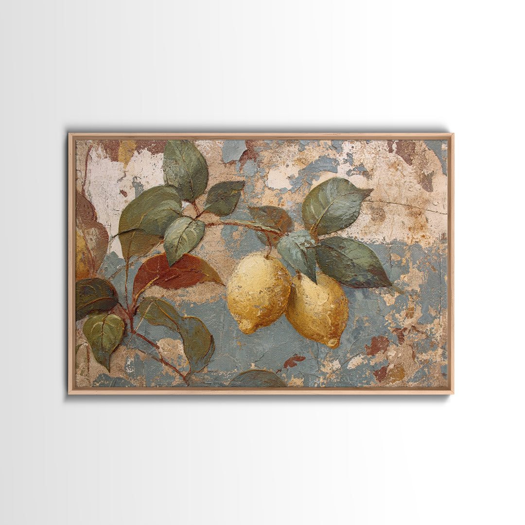 Aged Botanical Plate of Lemons and Leaves Canvas Print, French Country Art, Art Print, Farmhouse Decor, Watercolor Art, Country, FCA-3x2-16